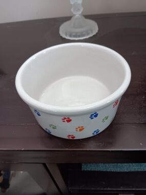 Unk White Ceramic Dog Bowl with Multi-Color Paw Prints